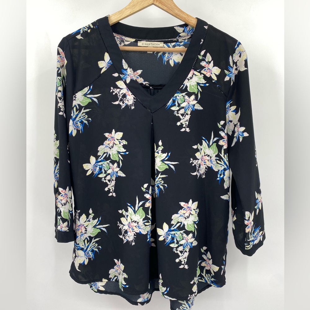 41 Hawthorn Black Floral Print Long Sleeve V‎ Neck Tunic Top Size Small